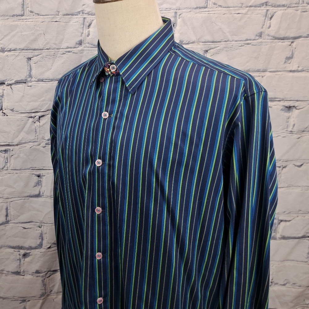 Robert Graham Mens Button Down Shirt Green Blue Striped Flip Cuff Classic Fit XL - Picture 10 of 16